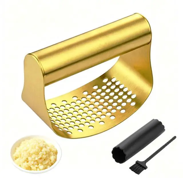 Main image of Gold Stainless Steel Garlic Press Rocker Set with Garlic Peeler & Cleaning Brush, for Easy Peeling and Crushing of Garlic,Time Saving,Durable Kitchen Gadget,Garlic Mincer,Dishwasher Safe
