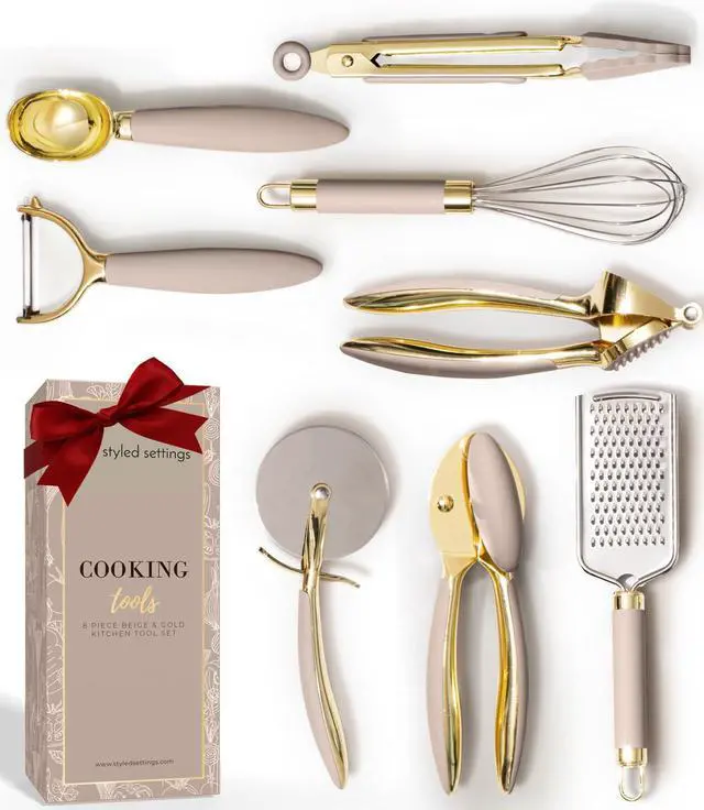 Main image of Gold and Beige Kitchen Utensils Set 8 PC Cooking Gadgets with Mini Gold Whisk and Tongs, Pizza Cutter, Garlic Press, Cheese Grater, Peeler, Can Opener, Scoops Stylish Beige Kitchen Accessories