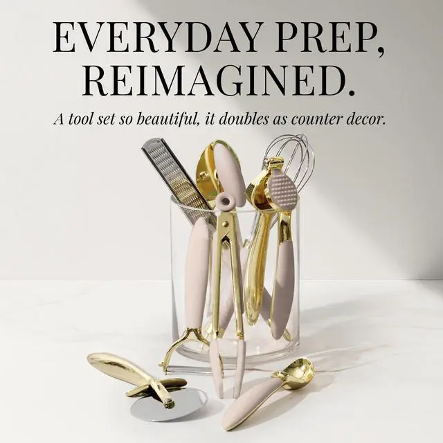 Alt view image 3 of 7 - Gold and Beige Kitchen Utensils Set 8 PC Cooking Gadgets with Mini Gold Whisk and Tongs, Pizza Cutter, Garlic Press, Cheese Grater, Peeler, Can Opener, Scoops Stylish Beige Kitchen Accessories