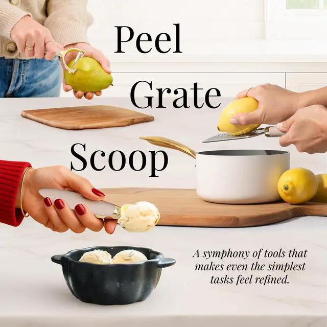Alt view image 5 of 7 - Gold and Beige Kitchen Utensils Set 8 PC Cooking Gadgets with Mini Gold Whisk and Tongs, Pizza Cutter, Garlic Press, Cheese Grater, Peeler, Can Opener, Scoops Stylish Beige Kitchen Accessories