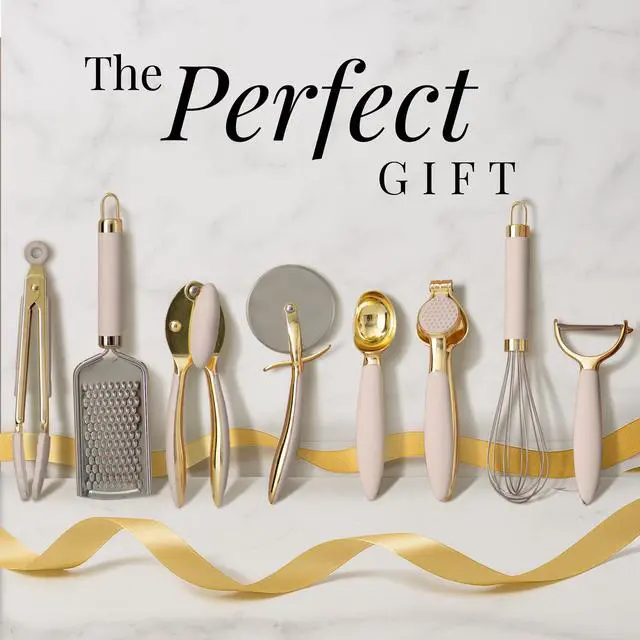 Alt view image 6 of 7 - Gold and Beige Kitchen Utensils Set 8 PC Cooking Gadgets with Mini Gold Whisk and Tongs, Pizza Cutter, Garlic Press, Cheese Grater, Peeler, Can Opener, Scoops Stylish Beige Kitchen Accessories