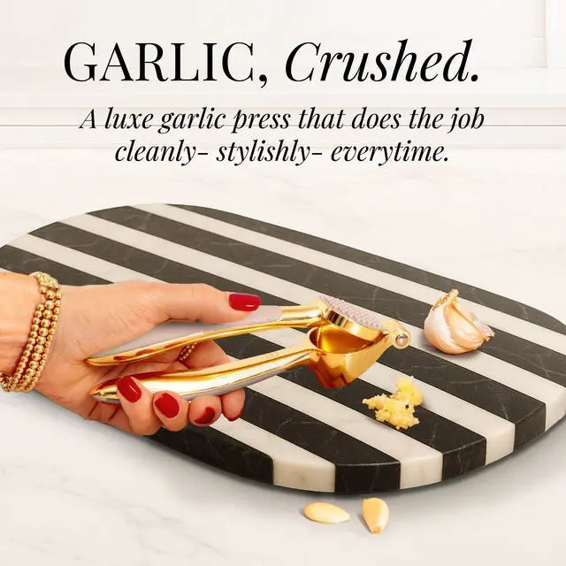 Alt view image 7 of 7 - Gold and Beige Kitchen Utensils Set 8 PC Cooking Gadgets with Mini Gold Whisk and Tongs, Pizza Cutter, Garlic Press, Cheese Grater, Peeler, Can Opener, Scoops Stylish Beige Kitchen Accessories