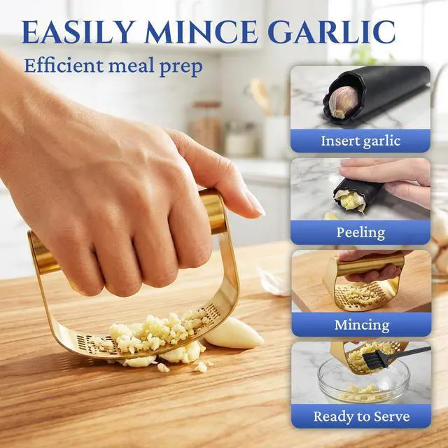 Alt view image 3 of 7 - Gold Stainless Steel Garlic Press Rocker Set with Garlic Peeler & Cleaning Brush, for Easy Peeling and Crushing of Garlic,Time Saving,Durable Kitchen Gadget,Garlic Mincer,Dishwasher Safe