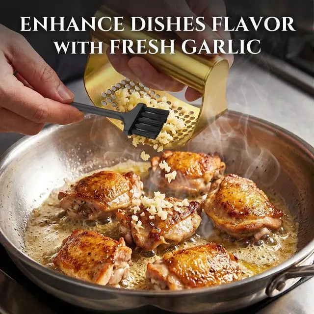 Alt view image 4 of 7 - Gold Stainless Steel Garlic Press Rocker Set with Garlic Peeler & Cleaning Brush, for Easy Peeling and Crushing of Garlic,Time Saving,Durable Kitchen Gadget,Garlic Mincer,Dishwasher Safe