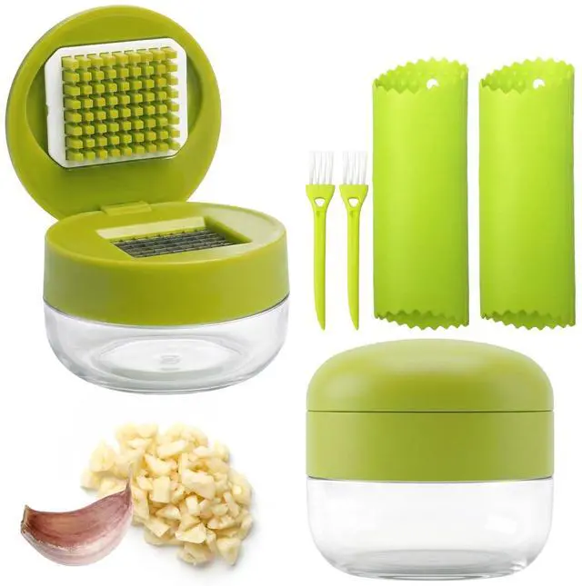 Main image of 2-Pack 3-in-1 Garlic Press Sets, Stainless Steel Garlic Mincer Tool with Silicone Peeler and Cleaning Brush, Garlic Chopper Crusher for Ginger, Onions, Fruits (Green)