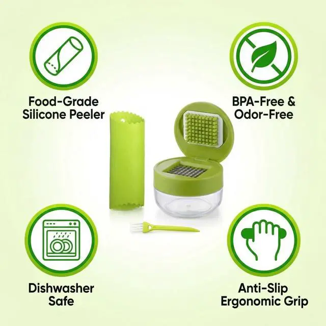 Alt view image 5 of 7 - 2-Pack 3-in-1 Garlic Press Sets, Stainless Steel Garlic Mincer Tool with Silicone Peeler and Cleaning Brush, Garlic Chopper Crusher for Ginger, Onions, Fruits (Green)