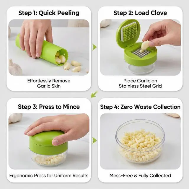 Alt view image 4 of 7 - 2-Pack 3-in-1 Garlic Press Sets, Stainless Steel Garlic Mincer Tool with Silicone Peeler and Cleaning Brush, Garlic Chopper Crusher for Ginger, Onions, Fruits (Green)