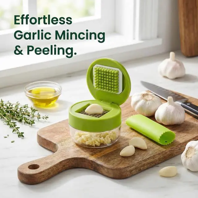 Alt view image 6 of 7 - 2-Pack 3-in-1 Garlic Press Sets, Stainless Steel Garlic Mincer Tool with Silicone Peeler and Cleaning Brush, Garlic Chopper Crusher for Ginger, Onions, Fruits (Green)