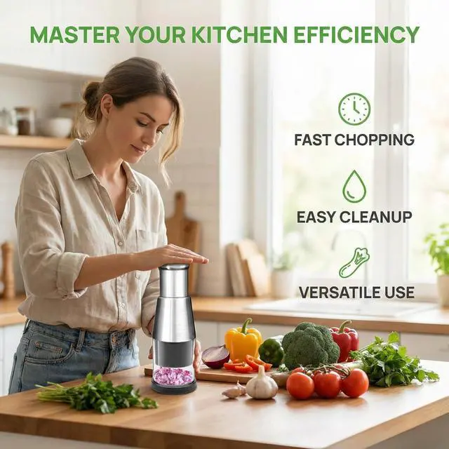 Alt view image 3 of 7 - Manual Food Chopper, Stainless Steel Hand Press Vegetable and Garlic Mincer