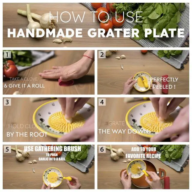 Alt view image 4 of 7 - Ceramic Garlic Grater Plate - Handmade 4 Pcs Press - Natural Grinder - Decorative Mincer - Ginger, Cheese Grater - Hand Dish (Vanilla White)