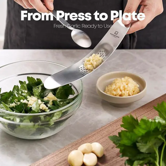 Alt view image 6 of 7 - Stainless Steel Curved Garlic Presser or Cheese Grater, Curved Pressing & Grating Motion, Minimalist Design, Stylish Kitchen Essentials 205mm x 48mm / 8.07 inches x 1.89 inches