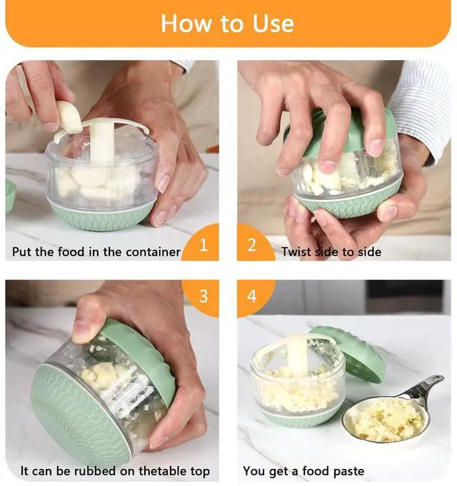 Alt view image 2 of 6 - Portable Hand-Powered Garlic Mincer, Mini Manual Food Chopper for Small Kitchen, Multi-Use Onion Cutter for Garlic, Vegetables Ingredients, Ginger, Fruits, Set with Peeler (2 Pieces)