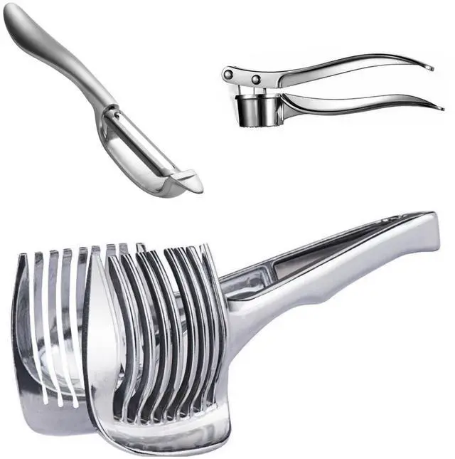 Main image of 3-in-1 Garlic Press, Lemon Slicer & Peeler Set - Rustproof Stainless Steel, Easy-Clean with Soft, Ergonomic Handle