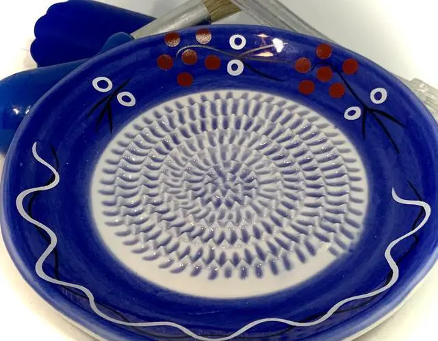 Alt view image 3 of 7 - All-in-one Premium Ceramic Garlic Grater Plate 4-Piece Set - Cherry Line on Blue Design - For Garlic, Ginger, Chocolate, and more! - Comes with 5.25" Plate, Peeler, Brush, and Stand
