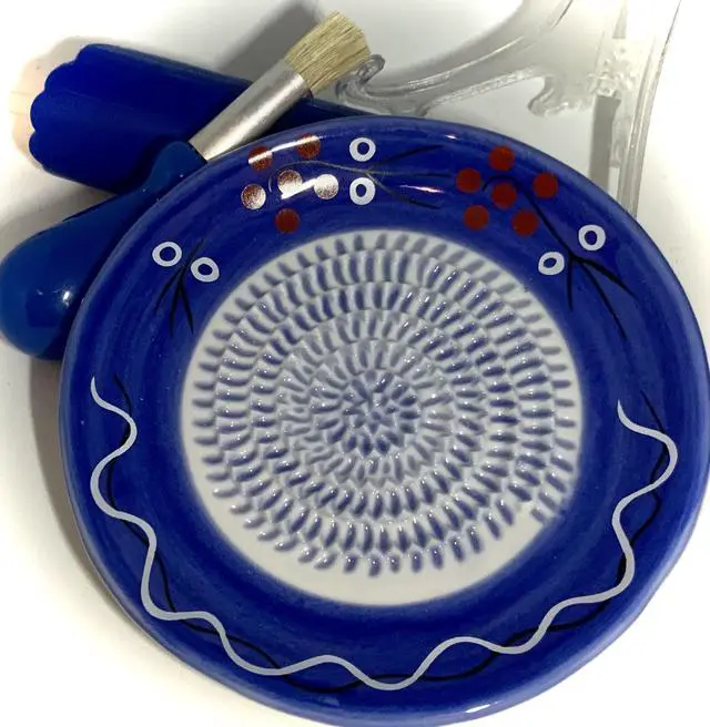 Alt view image 5 of 7 - All-in-one Premium Ceramic Garlic Grater Plate 4-Piece Set - Cherry Line on Blue Design - For Garlic, Ginger, Chocolate, and more! - Comes with 5.25" Plate, Peeler, Brush, and Stand