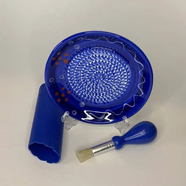 Alt view image 6 of 7 - All-in-one Premium Ceramic Garlic Grater Plate 4-Piece Set - Cherry Line on Blue Design - For Garlic, Ginger, Chocolate, and more! - Comes with 5.25" Plate, Peeler, Brush, and Stand