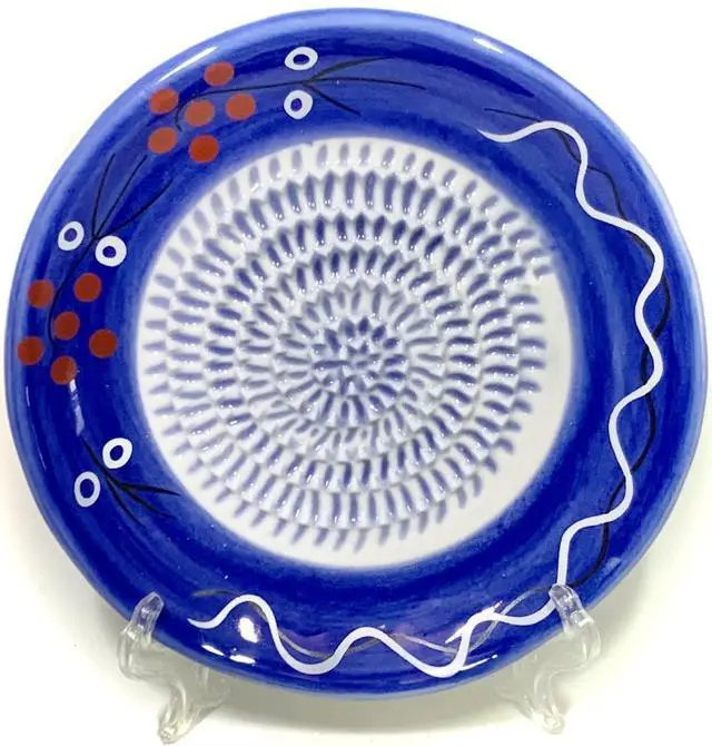 Alt view image 2 of 7 - All-in-one Premium Ceramic Garlic Grater Plate 4-Piece Set - Cherry Line on Blue Design - For Garlic, Ginger, Chocolate, and more! - Comes with 5.25" Plate, Peeler, Brush, and Stand
