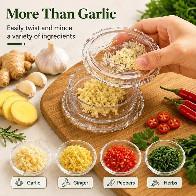 Alt view image 3 of 7 - 2PCS Garlic Twister Mincer, Transparent Manual Garlic Chopper Tool with Cleaning Brush, Twist Garlic Mincer for Ginger, Onion, Herbs, Nuts, Kitchen Prep Gadget