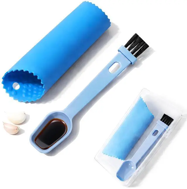 Main image of Silicone Garlic Peeler Tube Roller with Brush, 2-in-1 Kitchen Gadget Set, Measuring Spoon with Cleaning Brush (5ml & 3ml) and Silicone Garlic Peeler, Easy-Clean Kitchen Utensils with Hanging Loops