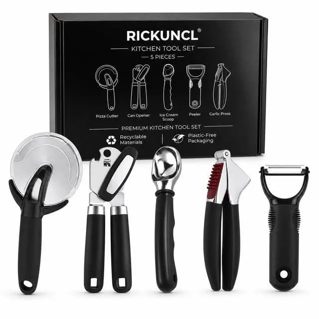 Main image of Kitchen Tool Set, 5-Piece Kitchen Gadgets Set with Pizza Cutter, Can Opener, Garlic Press, Ice Cream Scoop & Vegetable Peeler, Premium Heavy Duty Stainless Steel Kitchen Essentials Gift Set