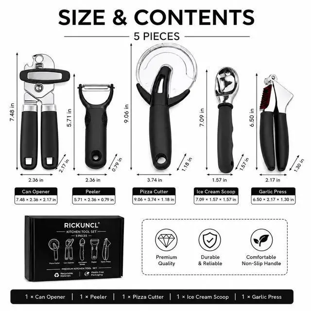 Alt view image 2 of 7 - Kitchen Tool Set, 5-Piece Kitchen Gadgets Set with Pizza Cutter, Can Opener, Garlic Press, Ice Cream Scoop & Vegetable Peeler, Premium Heavy Duty Stainless Steel Kitchen Essentials Gift Set