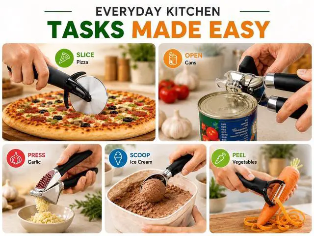 Alt view image 3 of 7 - Kitchen Tool Set, 5-Piece Kitchen Gadgets Set with Pizza Cutter, Can Opener, Garlic Press, Ice Cream Scoop & Vegetable Peeler, Premium Heavy Duty Stainless Steel Kitchen Essentials Gift Set