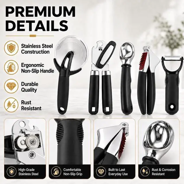 Alt view image 4 of 7 - Kitchen Tool Set, 5-Piece Kitchen Gadgets Set with Pizza Cutter, Can Opener, Garlic Press, Ice Cream Scoop & Vegetable Peeler, Premium Heavy Duty Stainless Steel Kitchen Essentials Gift Set