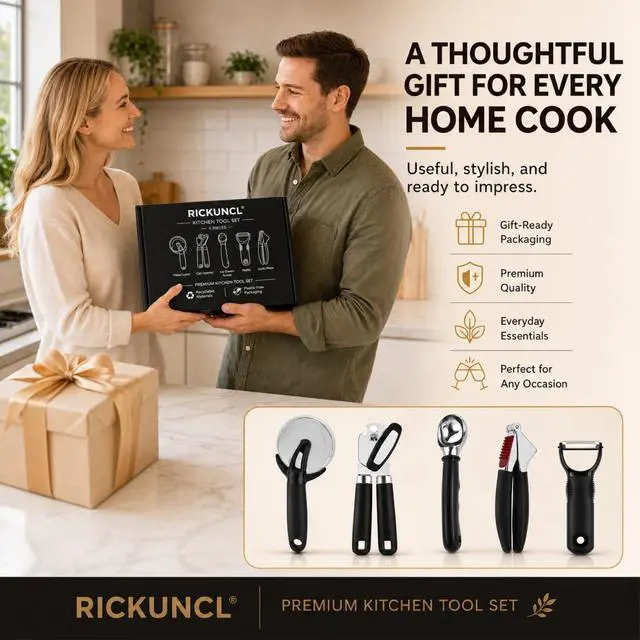 Alt view image 6 of 7 - Kitchen Tool Set, 5-Piece Kitchen Gadgets Set with Pizza Cutter, Can Opener, Garlic Press, Ice Cream Scoop & Vegetable Peeler, Premium Heavy Duty Stainless Steel Kitchen Essentials Gift Set