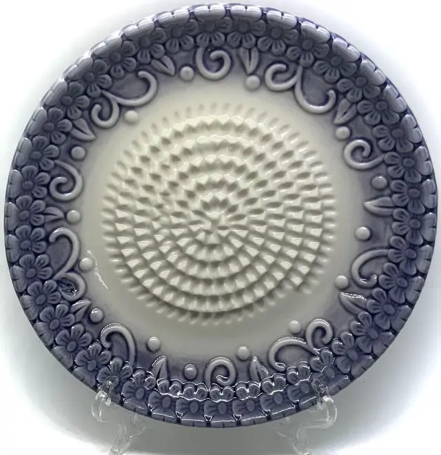 Alt view image 7 of 7 - All-in-one Premium Ceramic Garlic Grater Plate 4-Piece Set - Purple Embossed Design and Style - For Garlic, Ginger, Chocolate, and more! - Comes with 5.25" Plate, Peeler, Brush, and Stand