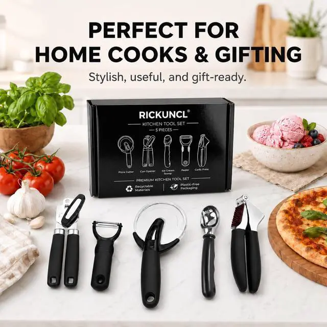 Alt view image 7 of 7 - Kitchen Tool Set, 5-Piece Kitchen Gadgets Set with Pizza Cutter, Can Opener, Garlic Press, Ice Cream Scoop & Vegetable Peeler, Premium Heavy Duty Stainless Steel Kitchen Essentials Gift Set
