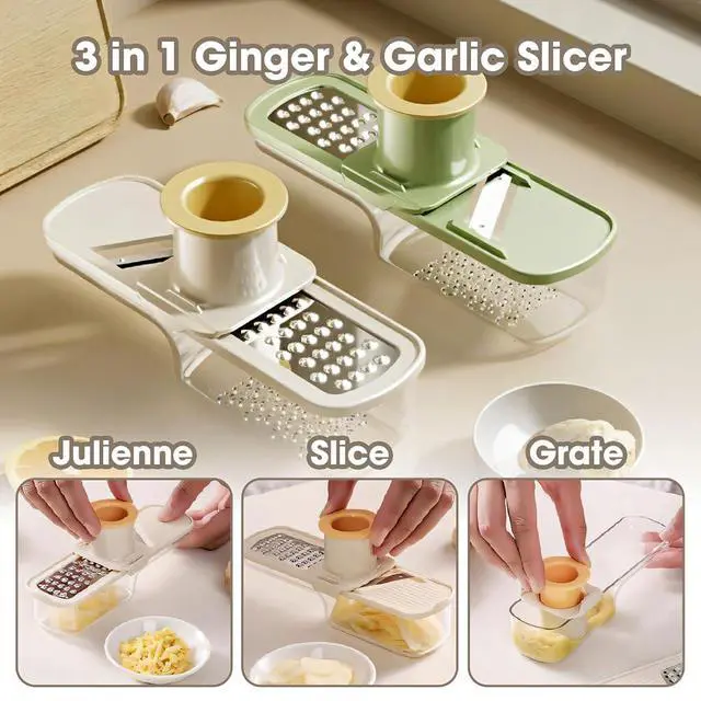 Alt view image 2 of 6 - 3 in 1 mini Ginger Garlic Grinder Super Thin, Multifunctional Mandoline slicer Grater with Hand Guard, Easy Grip Handheld Kitchen Tool, for Camping Cooking and Picnic (White)