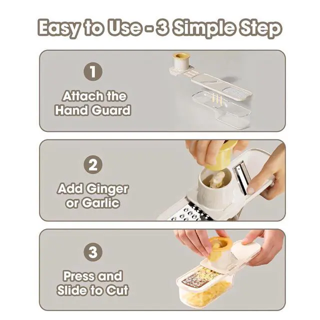 Alt view image 4 of 6 - 3 in 1 mini Ginger Garlic Grinder Super Thin, Multifunctional Mandoline slicer Grater with Hand Guard, Easy Grip Handheld Kitchen Tool, for Camping Cooking and Picnic (White)