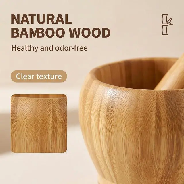 Alt view image 4 of 7 - 1Sets 3.94"(Bowl with Pestle) Bamboo Household Garlic Pepper Spice Pounder Mortar and Pestle Press Fruit Crusher Stamp for Kitchen Tool Set (Diameter-3.94")