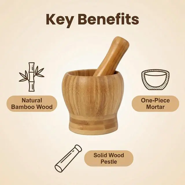 Alt view image 3 of 7 - 1Sets 3.94"(Bowl with Pestle) Bamboo Household Garlic Pepper Spice Pounder Mortar and Pestle Press Fruit Crusher Stamp for Kitchen Tool Set (Diameter-3.94")