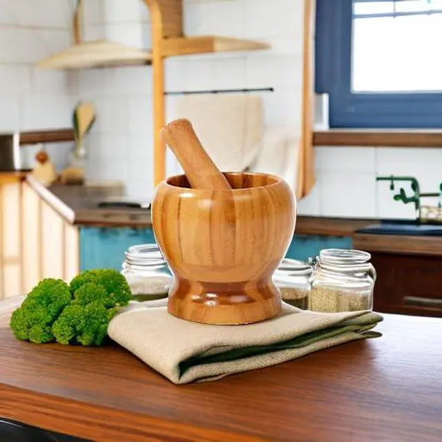 Alt view image 5 of 7 - 1Sets 3.94"(Bowl with Pestle) Bamboo Household Garlic Pepper Spice Pounder Mortar and Pestle Press Fruit Crusher Stamp for Kitchen Tool Set (Diameter-3.94")