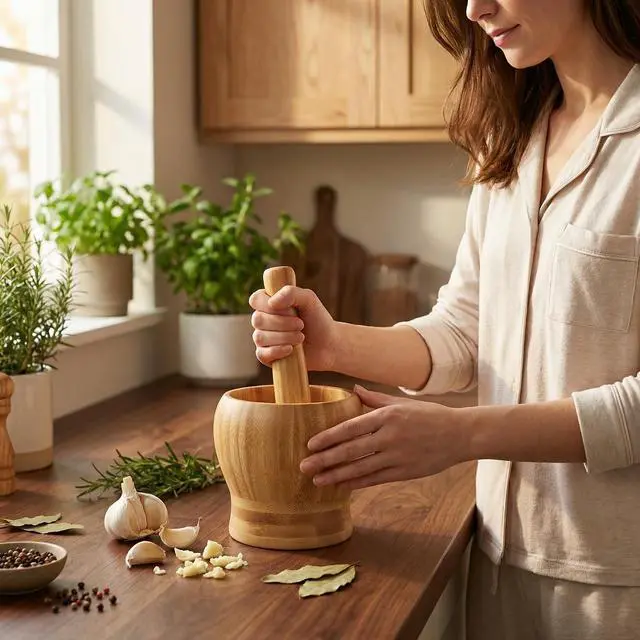 Alt view image 7 of 7 - 1Sets 3.94"(Bowl with Pestle) Bamboo Household Garlic Pepper Spice Pounder Mortar and Pestle Press Fruit Crusher Stamp for Kitchen Tool Set (Diameter-3.94")