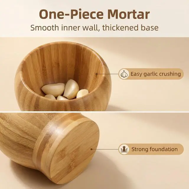 Alt view image 6 of 7 - 1Sets 3.94"(Bowl with Pestle) Bamboo Household Garlic Pepper Spice Pounder Mortar and Pestle Press Fruit Crusher Stamp for Kitchen Tool Set (Diameter-3.94")