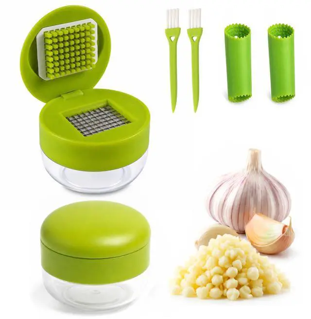 Main image of 3-in-1 Garlic Press Set with Peeler & Brush, Manual Garlic Mincer Tool with Storage Container for Easy Prep and Cleanup (2 Pack)