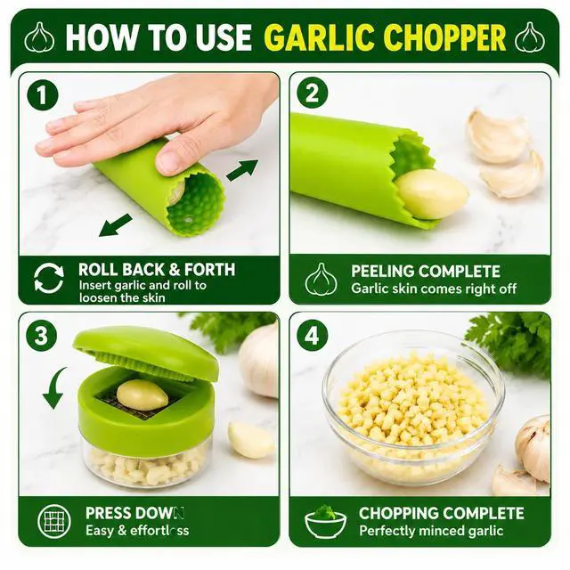 Alt view image 3 of 7 - 3-in-1 Garlic Press Set with Peeler & Brush, Manual Garlic Mincer Tool with Storage Container for Easy Prep and Cleanup (2 Pack)