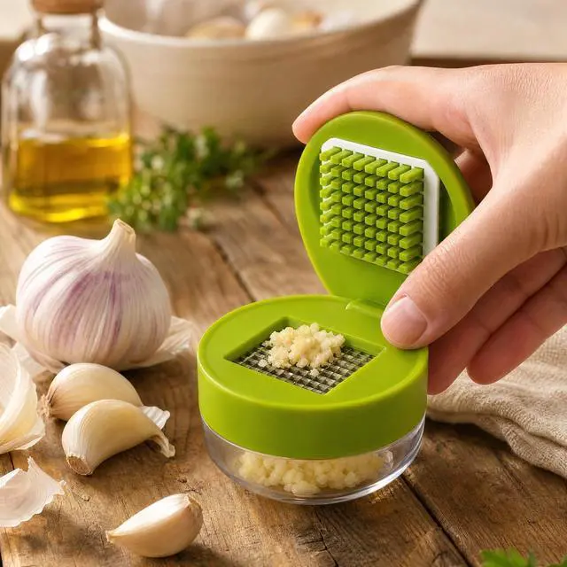 Alt view image 4 of 7 - 3-in-1 Garlic Press Set with Peeler & Brush, Manual Garlic Mincer Tool with Storage Container for Easy Prep and Cleanup (2 Pack)