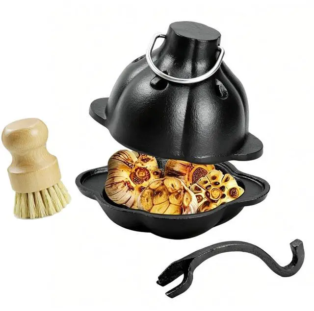 Main image of Cast Iron Garlic Roaster with Ring Handle and Cleaning Brush, Food Grade Garlic Baker for Oven and Outdoor Grill, Heavy Duty Roasting Pot for Gourmet Cooking and BBQ Enthusiasts
