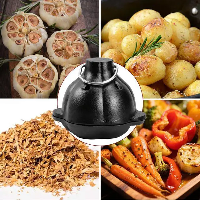 Alt view image 4 of 6 - Cast Iron Garlic Roaster with Ring Handle and Cleaning Brush, Food Grade Garlic Baker for Oven and Outdoor Grill, Heavy Duty Roasting Pot for Gourmet Cooking and BBQ Enthusiasts