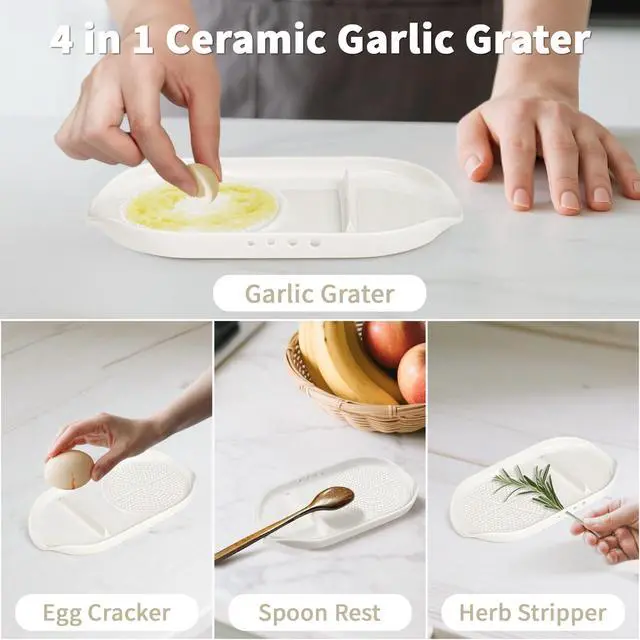 Alt view image 2 of 7 - 4 in 1 Ceramic Garlic Grater with Egg Cracker,Spoon Rest and Herb Stripper, Ginger Grater Plate for Grinding Wasabi Fruits Vegetables Ginger Garlic Cheese(6.76inx3.7in)