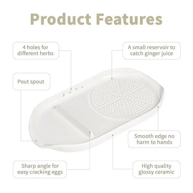 Alt view image 5 of 7 - 4 in 1 Ceramic Garlic Grater with Egg Cracker,Spoon Rest and Herb Stripper, Ginger Grater Plate for Grinding Wasabi Fruits Vegetables Ginger Garlic Cheese(6.76inx3.7in)