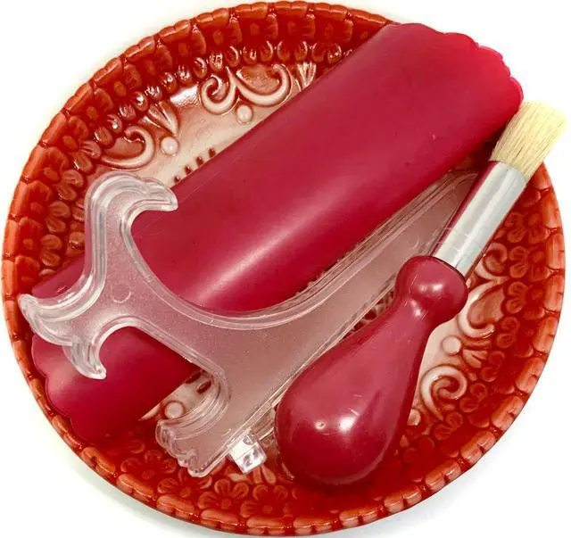 Alt view image 4 of 7 - All-in-one Premium Ceramic Garlic Grater Plate 4-Piece Set - Red Embossed Design and Style - For Garlic, Ginger, Chocolate, and more! - Comes with 5.25" Plate, Peeler, Brush, and Stand