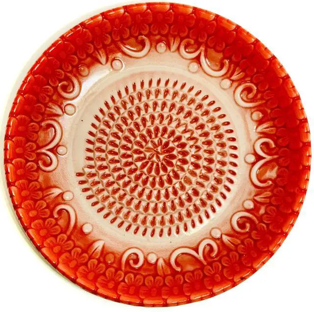 Alt view image 2 of 7 - All-in-one Premium Ceramic Garlic Grater Plate 4-Piece Set - Red Embossed Design and Style - For Garlic, Ginger, Chocolate, and more! - Comes with 5.25" Plate, Peeler, Brush, and Stand