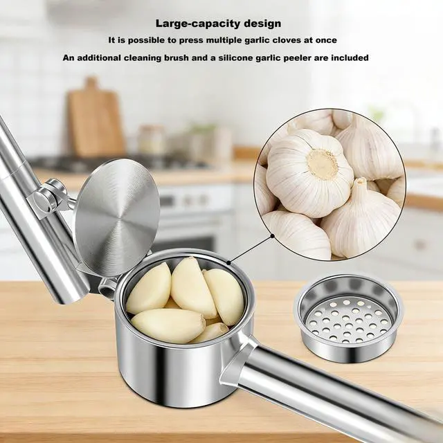 Alt view image 4 of 7 - 304 Stainless Steel Garlic Press Set Peeler & Brush