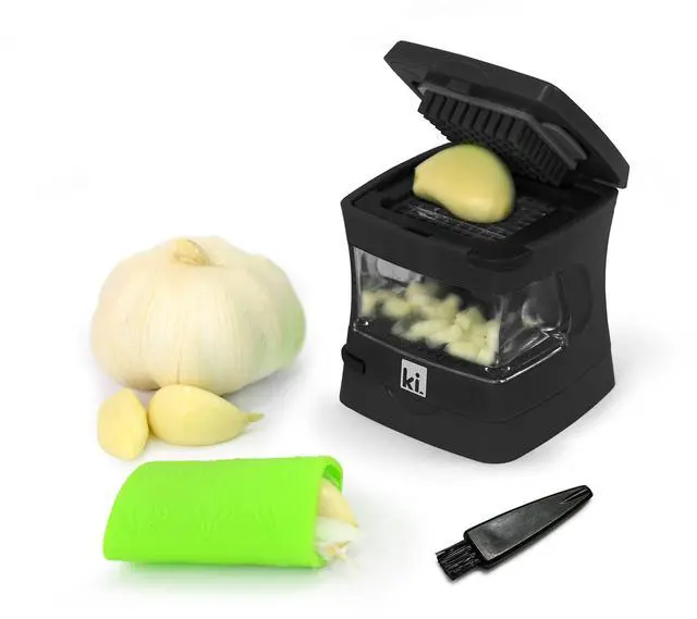 Main image of Garlic-A-Peel Garlic Press, Crusher, Cutter, Mincer, and Storage Container - Includes Silicone Garlic Peeler - Easy to Clean - Stainless Steel Blades (Black), standard