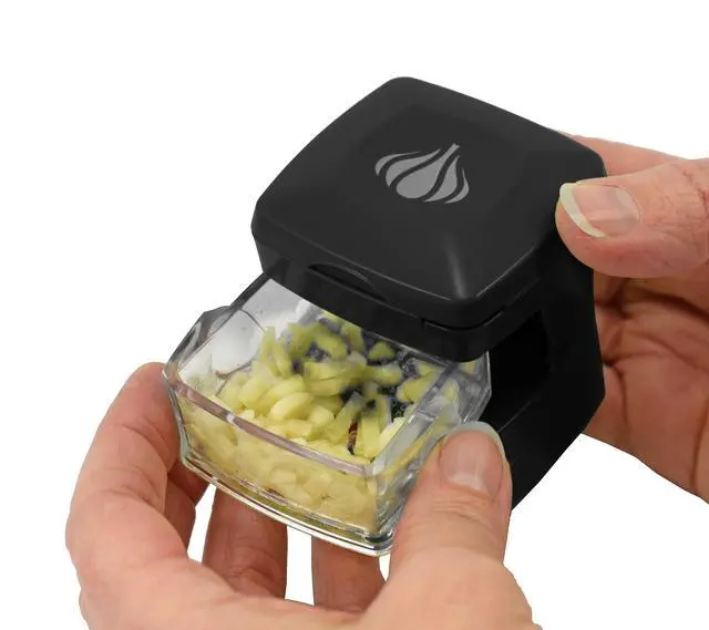 Alt view image 4 of 7 - Garlic-A-Peel Garlic Press, Crusher, Cutter, Mincer, and Storage Container - Includes Silicone Garlic Peeler - Easy to Clean - Stainless Steel Blades (Black), standard