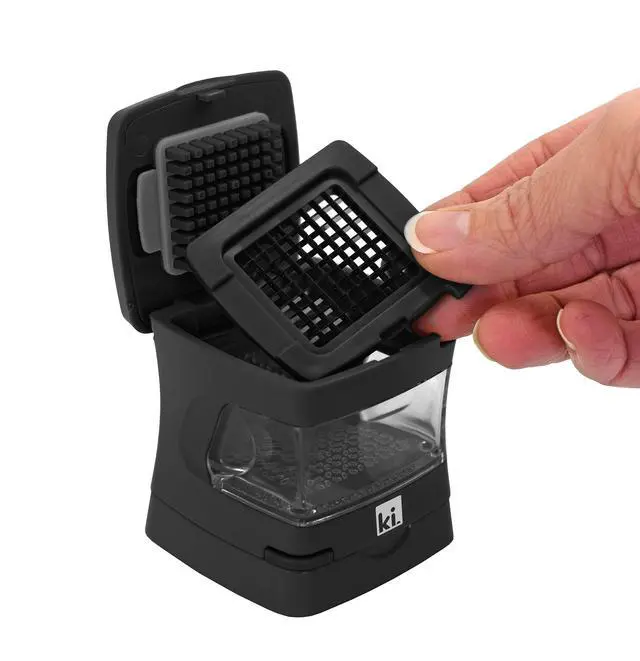 Alt view image 5 of 7 - Garlic-A-Peel Garlic Press, Crusher, Cutter, Mincer, and Storage Container - Includes Silicone Garlic Peeler - Easy to Clean - Stainless Steel Blades (Black), standard